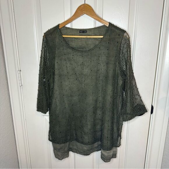 Hannah Army Green Tie Dye Shimmer Net Layer 3/4 Sleeve Tunic L Mermaid Lagonlook - Picture 1 of 9